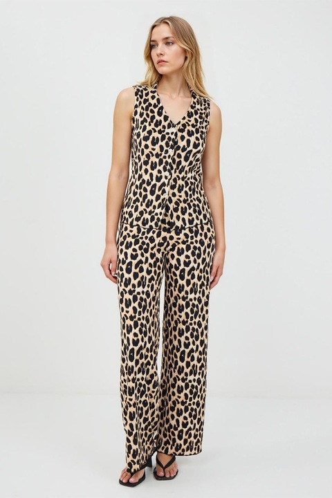 JIMMY KEY, Vesta cu animal print si decolteu in V, Negru/Maro deschis