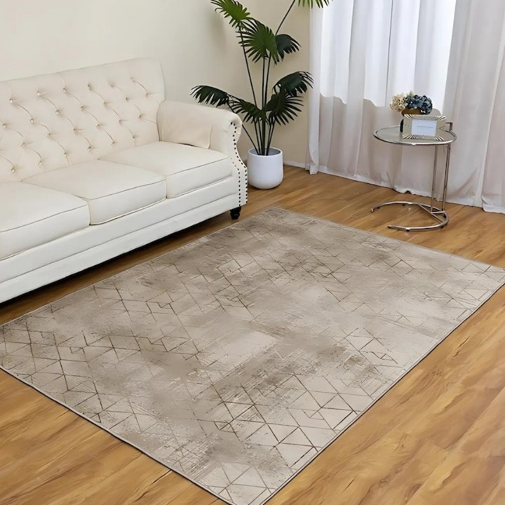 3D digitális nyomtatott szőnyeg Macvi® 160x230 cm, méhsejt mintás, elegáns bézs, csúszásmentes, könnyen karbantartható, alkalmas nappaliba, hálószobába és előszobába