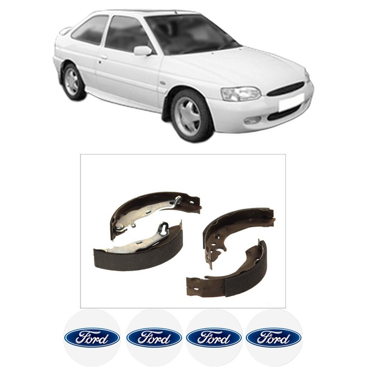 Set saboti frana FORD ESCORT VI (GAL, AAL, ABL) 1.6 i 16V din 1995-1995, KW 65 CP 88 CMC 1597, sistem franare auto, Bosch, 4x Stickere auto cu FORD