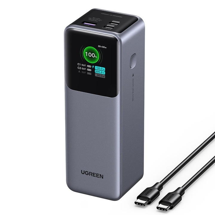 Baterie Externa cu Display Digital, 20000mAh, USB, 2x Type-C, 200W, QC, PD, 5V/3A - Ugreen PB722 (35525B) - Grey