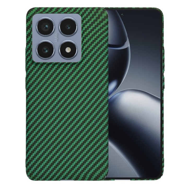 Husa pentru Xiaomi 14T Pro, SKYDDAR INNOVATION, textura carbon, Carbonite FiberShell, set cu sticker, Verde