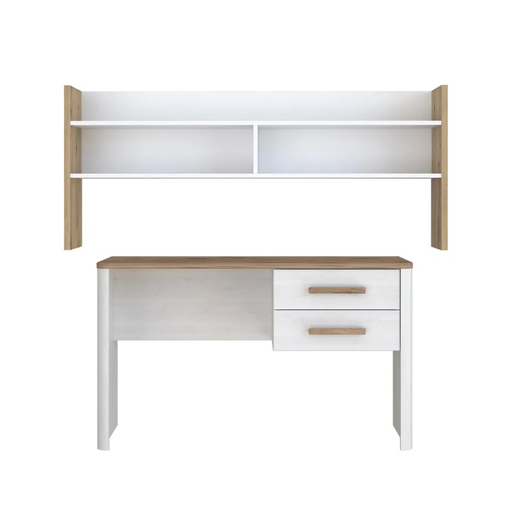 Set Birou Expomob RAMIRO, 2 sertare, alb + stejar Artisan, 125x60x74 cm + etajera, 140x26x60 cm