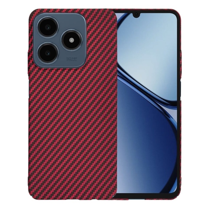 Husa pentru Realme C63 / C61, SKYDDAR INNOVATION, textura carbon, Carbonite FiberShell, set cu sticker, Rosu