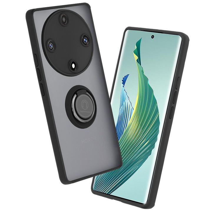 Защитен калъф, съвместим с Honor Magic5 Lite, с магнитен пръстен за стойка, TPU, черен