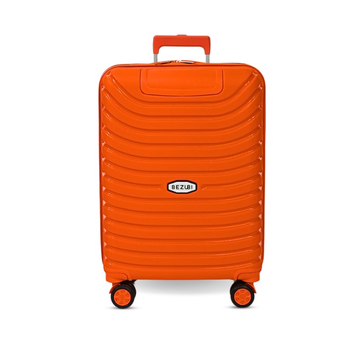 Bezubi Easy Travel kabinbőrönd, kézipoggyász, 55x40x20, 44 literes űrtartalom, teleszkópos fogantyú, 4 csendes dupla kerék, 360 fokos forgatás, cipzáras és számzáras zár, rekeszes elrendezés zsebbel, PP anyag, rugalmas törésálló, narancssárga