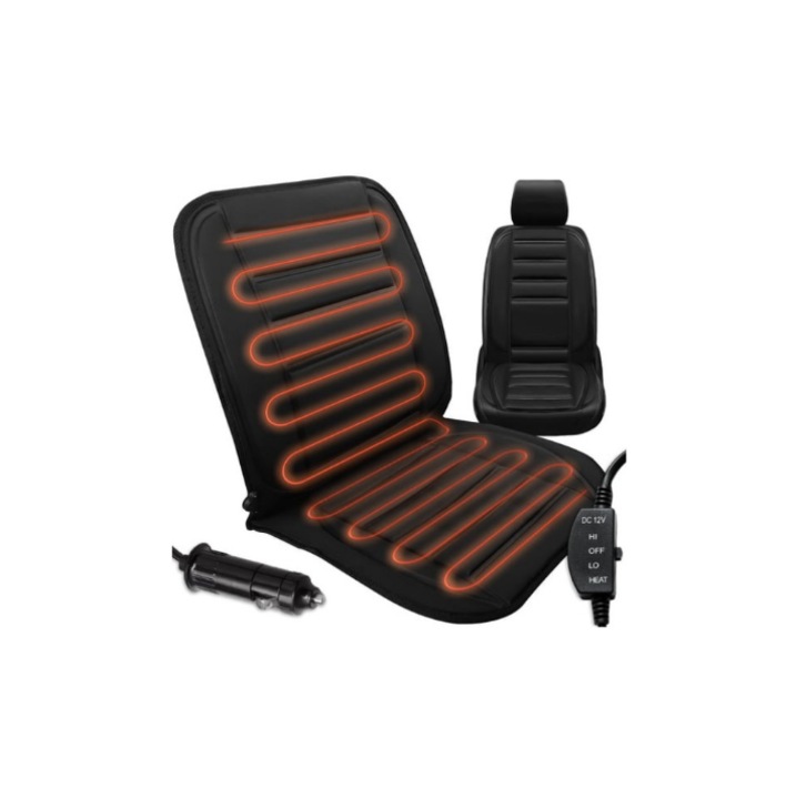Husa scaun auto idealSTORE cu incalzire 2 trepte alimentare bricheta 12V universala, Negru, autoturisme, SUV, dube si camioane