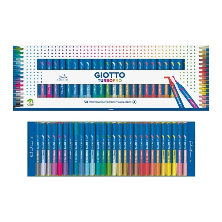 Markere Giotto Turbo Pro set 30 culori, dubla varf 2mm si 5mm, pe baza de apa, netoxice