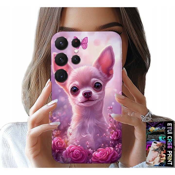 TOK SAMSUNG GALAXY S23 Ultra - ÉDES CHIHUAHUA RÓZSASZÍN VIRÁGOS HÁTTÉREN