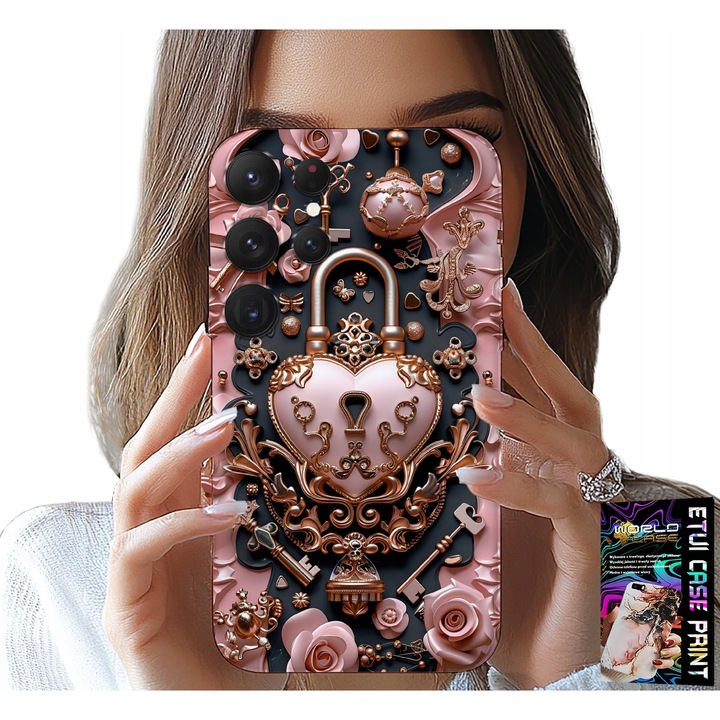 Husă pentru Samsung Galaxy S24 Ultra, World Case, model feminin, design lacăt inimă, roz, silicon