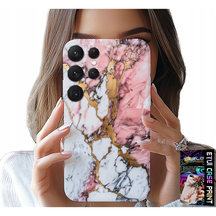 Tok Samsung Galaxy S25 Ultra telefonhoz, World Case, rózsaszín-fehér márvány, szilikon