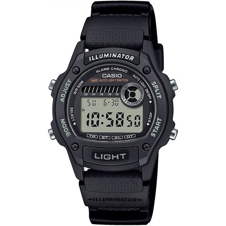 Ceas digital Casio W-220H-1AVEF, cronograf, rasina, negru, pentru baieti