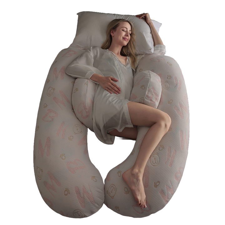 Perna gravide 3 in 1, Formata din 4 piese pentru dormit, sezut si alaptat, Alb/Roz