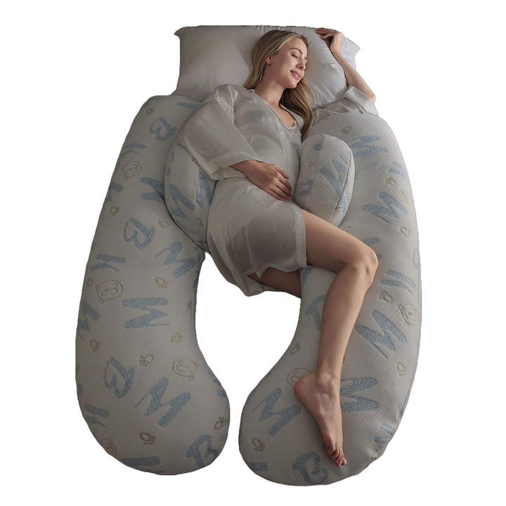 Perna gravide 3 in 1, Formata din 4 piese pentru dormit, sezut si alaptat, Alb/Albastru