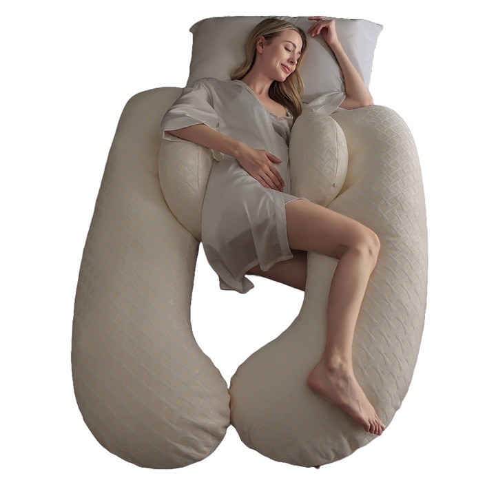 Perna gravide 3 in 1, Formata din 4 piese pentru dormit, sezut si alaptat, Crem / Alb