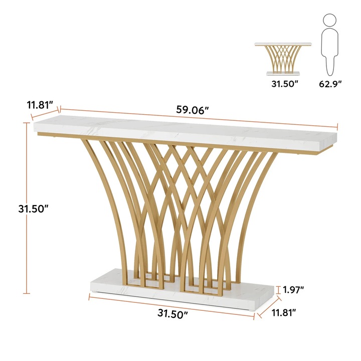 Masa consola, 150x30x80cm, marmura artificiala alba, baza aurie metalica