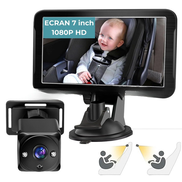 Monitor auto pentru bebelusi, ecran IPS 7″, camera Full HD 1080p cu night vision IR, unghi 150°, IP68, PAL/NTSC auto, alimentare 9–32 V, cablu 5 m, functie supraveghere, negru