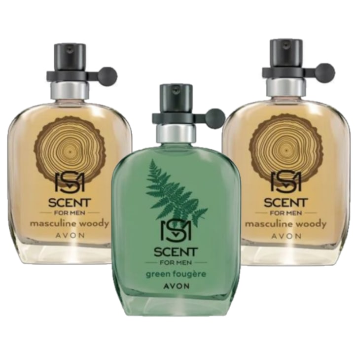 Set parfumuri Avon Scent pentru bărbați, 2 x parfum lemnos Masculine Woody 30 ml, 1 x parfum fougere Green Fougere 30 ml, 90 ml
