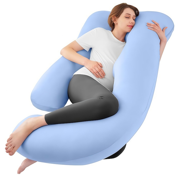 Perna gravide Wacorresi, multifunctionala 3 in 1, cu husa bumbac detasabila, Forma de J, 100% bumbac, Lavabila, Suport Burta, Picioare, Cap, Gat, Spate, 65x90x175cm, Albastru
