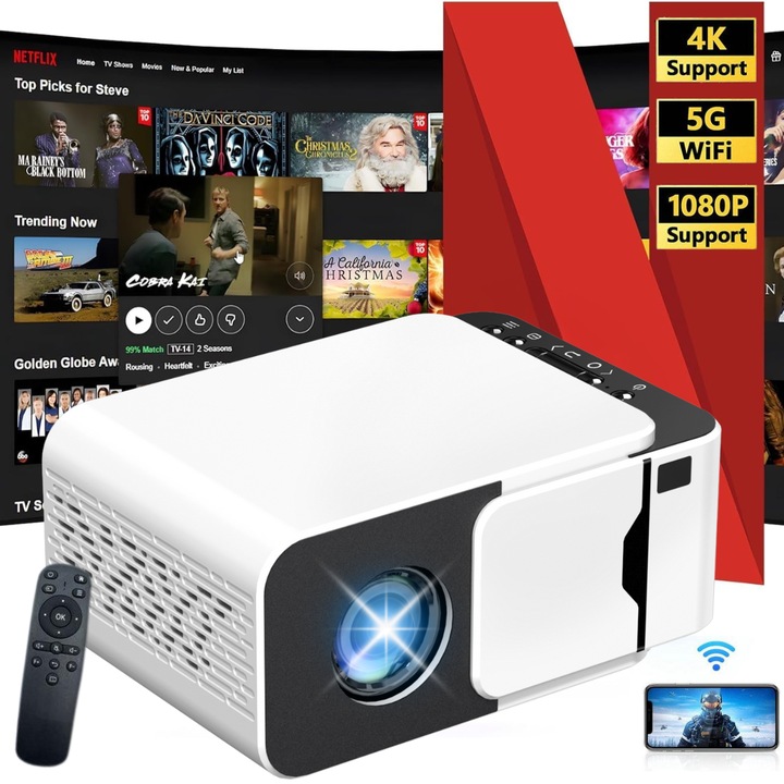 Mini-hordozható okos videoprojektor, Full HD VisionHub®, Android 13.0 és Wi-Fi 6 & 5G, Bluetooth 5.4, Elektromechanikus fókuszálás, Projektor 1920 x 1080 HD felbontással, 4K támogatás, HDMI, VGA, AV, USB, Trapézkorrekció ±50°, Tükrözés Android/IOS számára