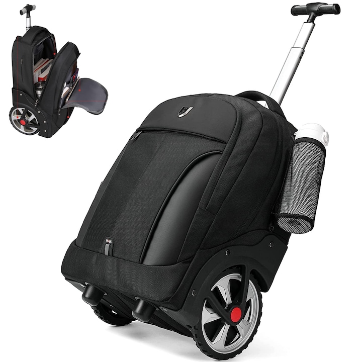 Раница, Мултифункционална с колелца 2 в 1, Ученическа, Водоустойчива, За пътувания, RFID Джоб против кражба, Здрави колела 18 см, Телескопична, Множество отделения & лаптоп 17.3”, Ръчен багаж за самолет, 52л