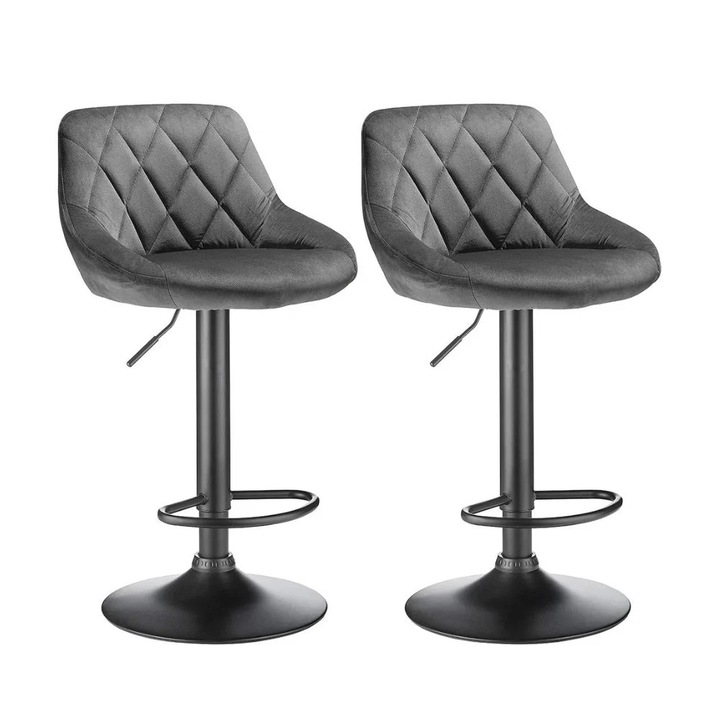 2 db-os bárszék szett, bársony kárpitozás, forgatható, állítható magasságú 85-105 cm, sötétszürke