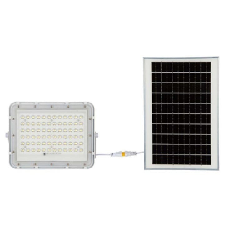 Napelemes LED reflektor, 15W, 1200lm, hideg fény, 6400K, távirányítóval, hordozófogantyúval, szürke