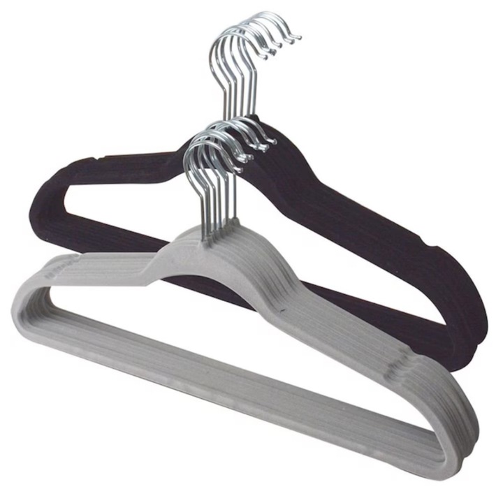 Set 16 Umerase Macvi® Catifea Antialunecare, Slim, cu Bara pentru Pantaloni si Scobituri, Carlig 360°, 44.5x23 cm, Gri/Negru