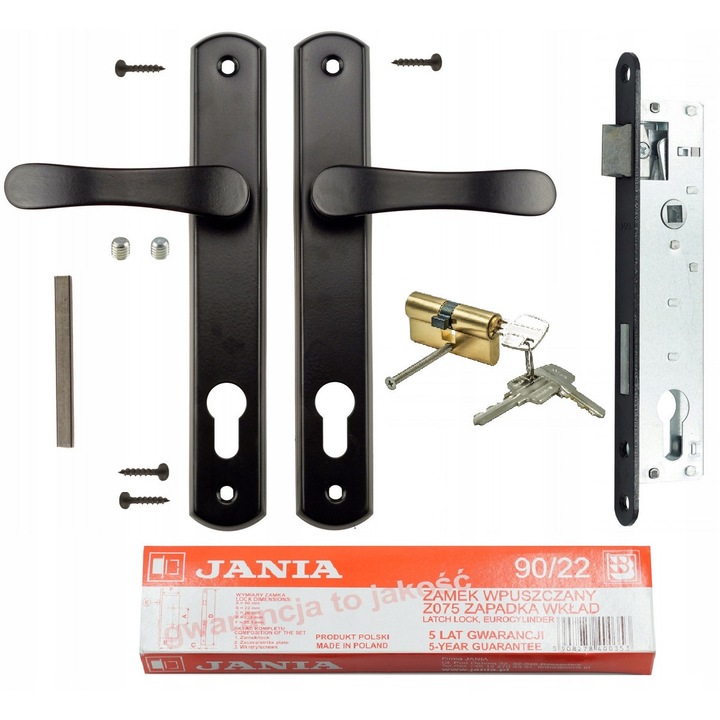 Set complet feronerie pentru poarta pietonala, FEINZ, 90 mm, Aluminiu si otel rezistent, Maner broasca ingusta si cilindru cu chei, Negru