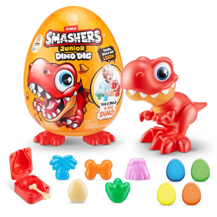 Figurina Smashers Junior Dino - Dino Dig, dinozaur rosu, set cu 25 de surprize, 21,5x20x29cm