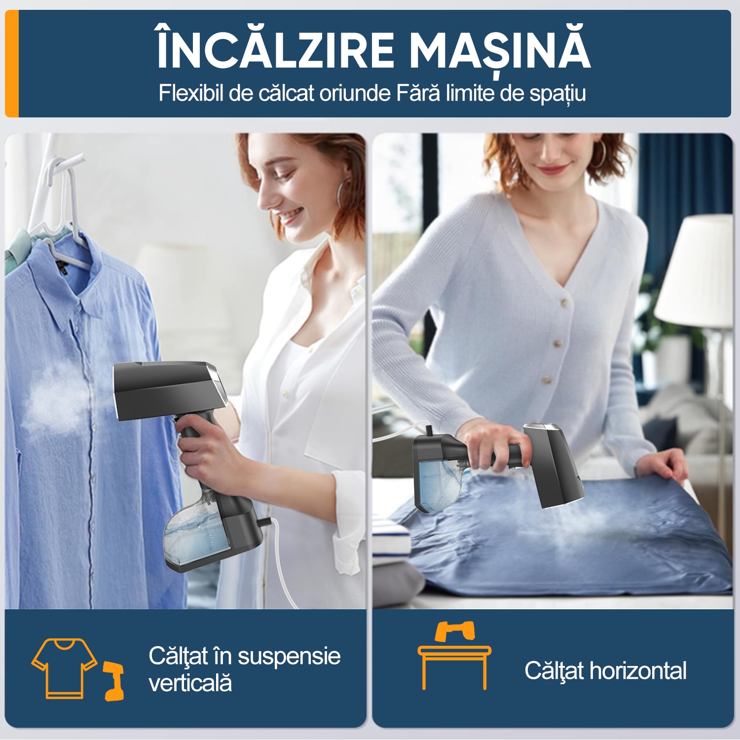 Aparat de calcat vertical portabil cu abur, Ultrixe, 3 niveluri de putere, rezervor detasabil 350ml, abur variabil 0 - 40 g/min, Vaporizator rapid in 30sec, Negru