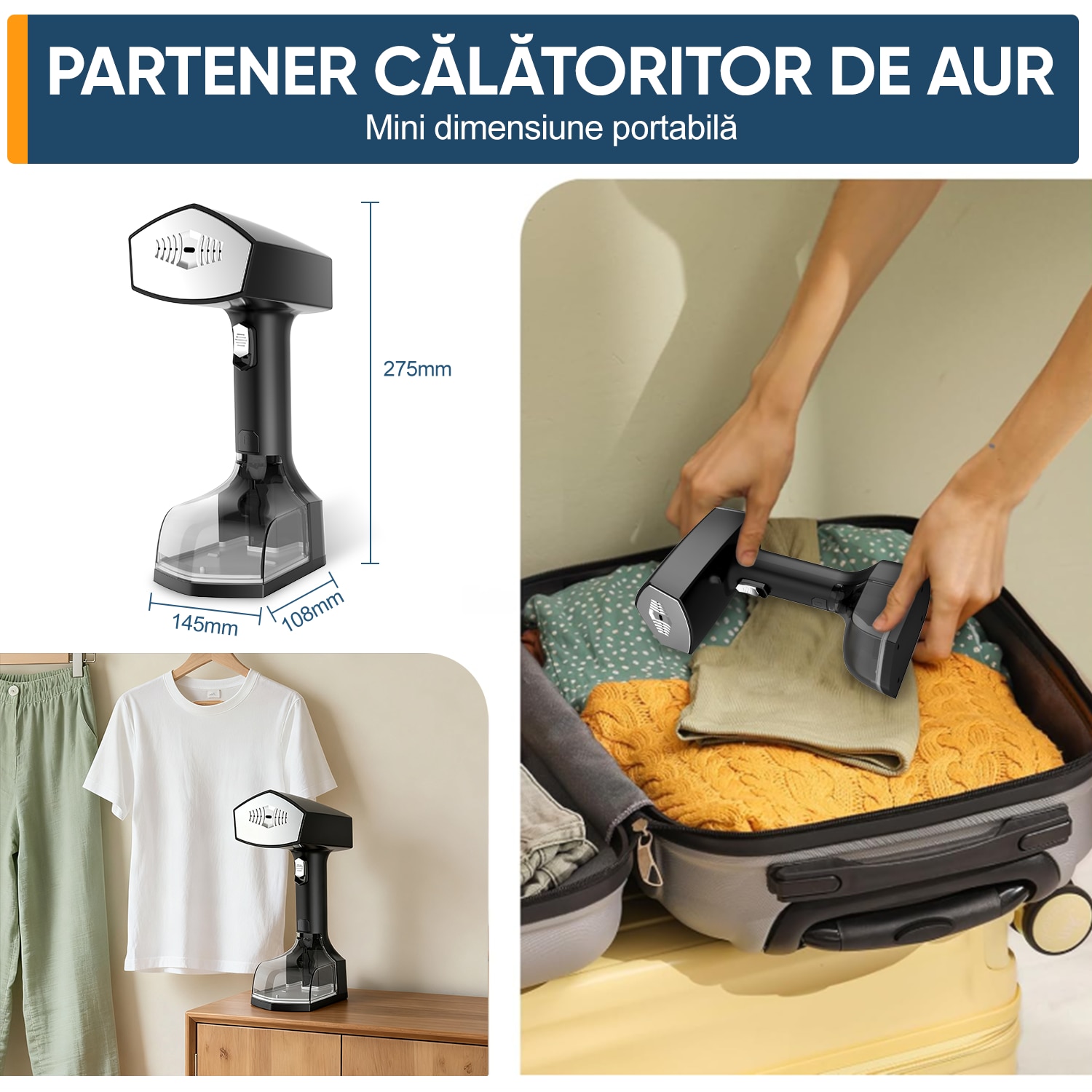 Aparat de calcat vertical portabil cu abur, Ultrixe, 3 niveluri de putere, rezervor detasabil 350ml, abur variabil 0 - 40 g/min, Vaporizator rapid in 30sec, Negru