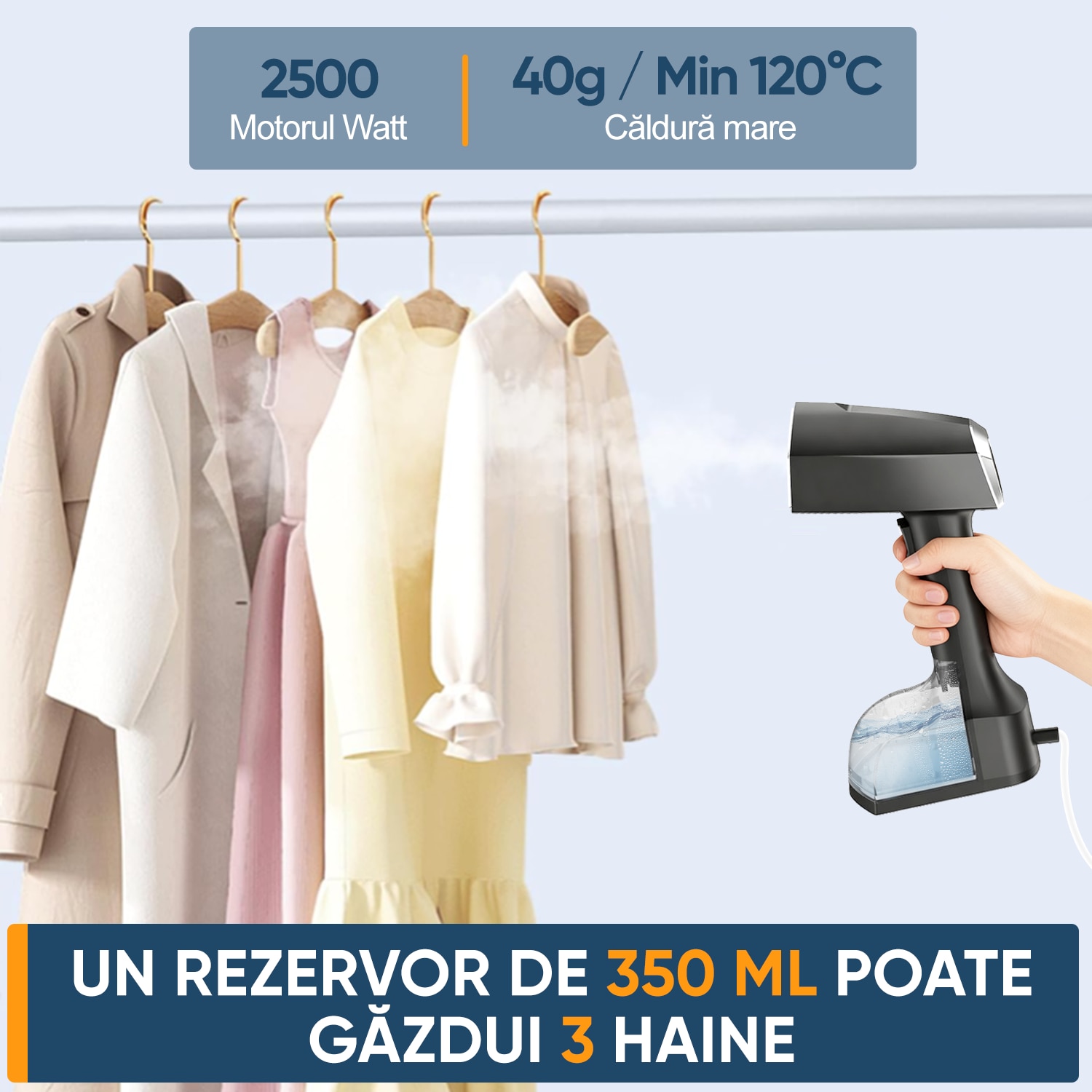 Aparat de calcat vertical portabil cu abur, Ultrixe, 3 niveluri de putere, rezervor detasabil 350ml, abur variabil 0 - 40 g/min, Vaporizator rapid in 30sec, Negru