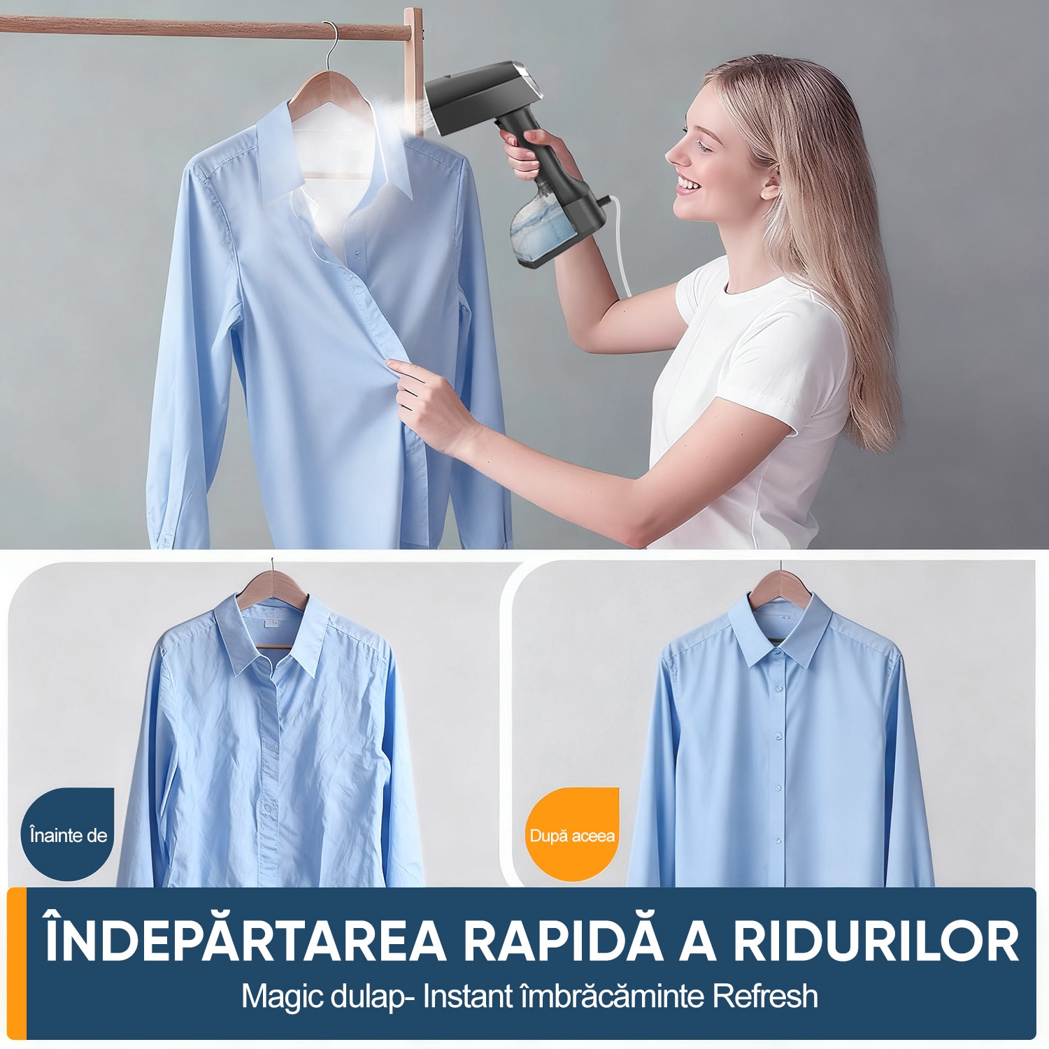 Aparat de calcat vertical portabil cu abur, Ultrixe, 3 niveluri de putere, rezervor detasabil 350ml, abur variabil 0 - 40 g/min, Vaporizator rapid in 30sec, Negru