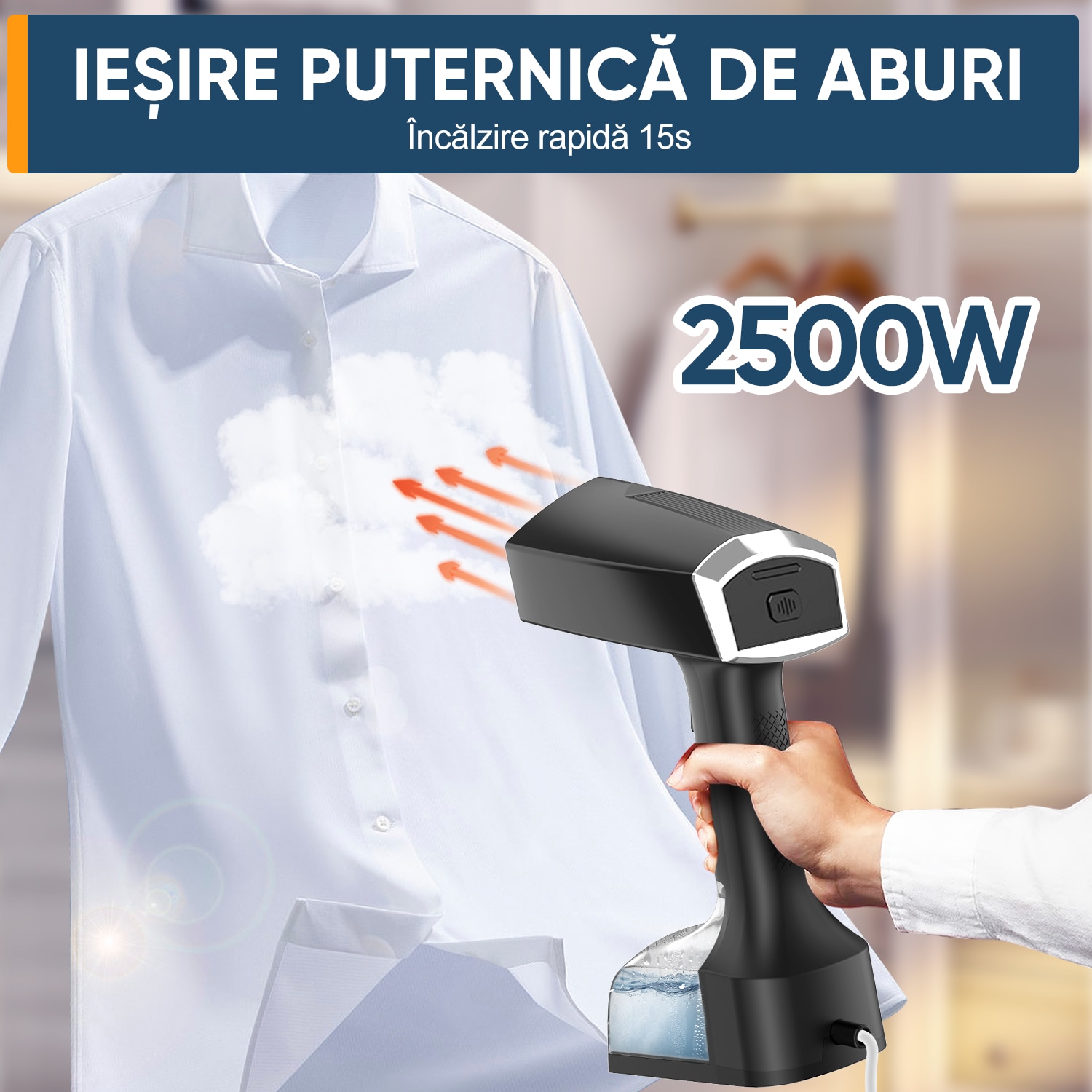 Aparat de calcat vertical portabil cu abur, Ultrixe, 3 niveluri de putere, rezervor detasabil 350ml, abur variabil 0 - 40 g/min, Vaporizator rapid in 30sec, Negru