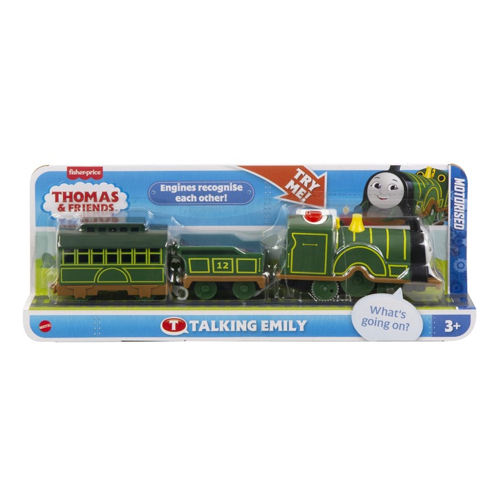 Trenulet vorbitor de jucarie Thomas si Prietenii, Fisher Price, Emilka, cu 2 vagoane, 35x14x5cm