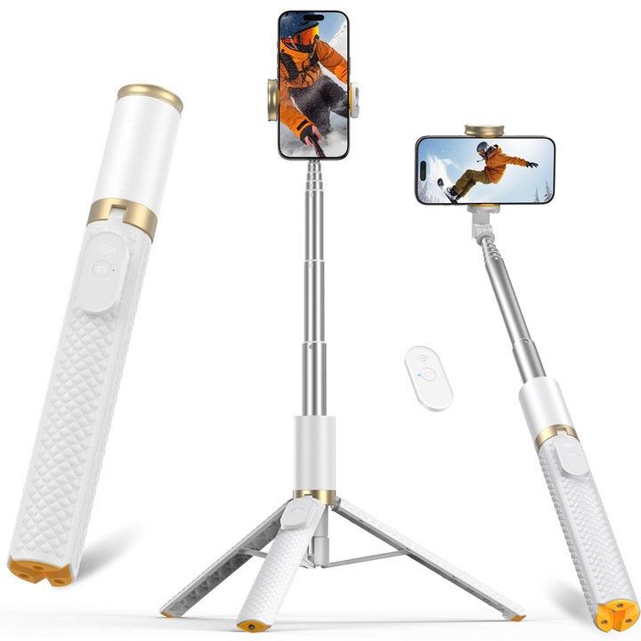 Trepied selfie extensibil 62", alb, portabil, suport telefon all-in-one