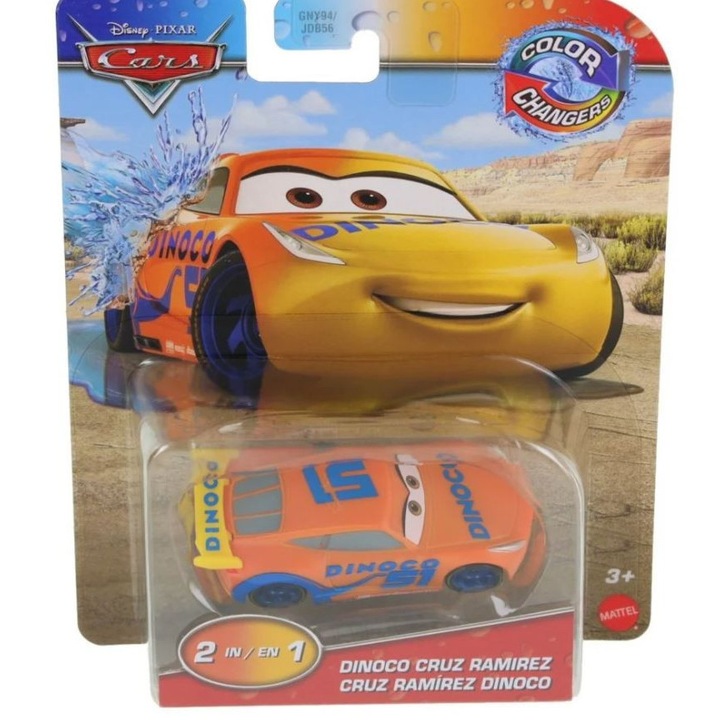 Masinuta Cars Auta, Dinoco Cruz Ramirez, 1:55, portocalie, 8cm, schimbare de culoare