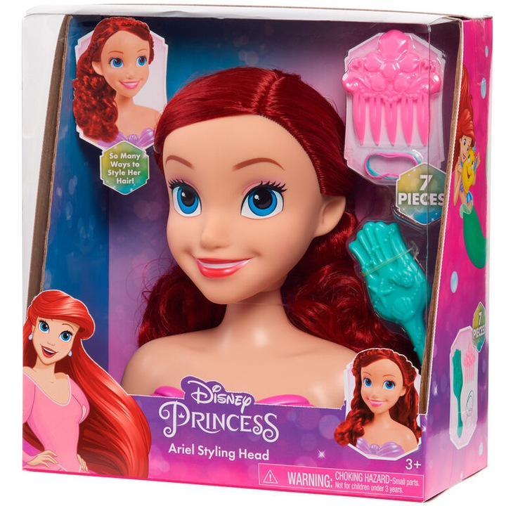 Cap de stilizare Disney Princess Ariel, Just Play, set cu pieptene, 3+ ani, multicolor, dimensiuni ambalaj: 30x20x10cm
