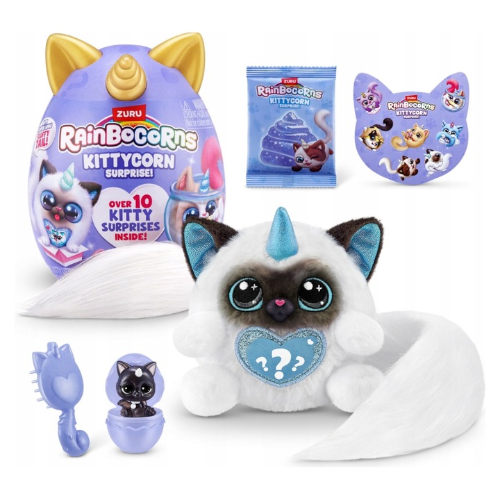 Set Jucarii de plus RainBocorns Kittycorn, Ragdoll, 10 surprize, 28x23x20cm