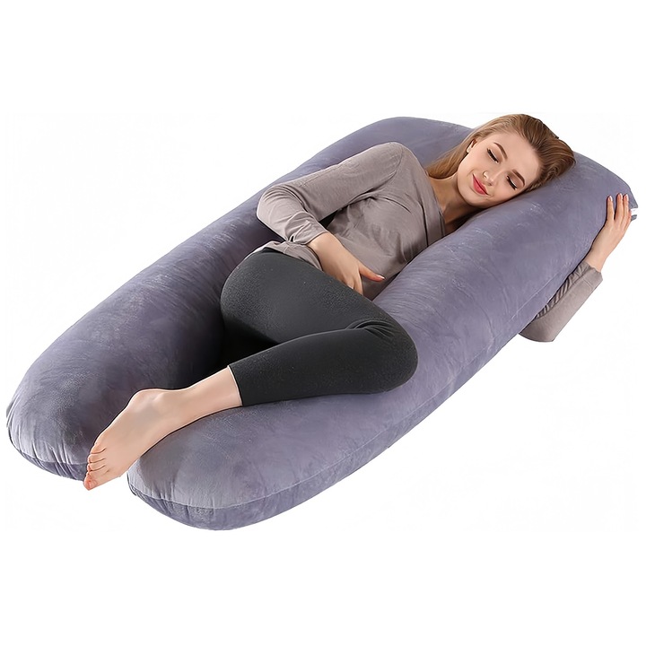 Perna gravide Wacorresi, multifunctionala 3 in 1, Forma de U, cu husa catifea detasabila, 100% bumbac, Lavabila, Suport Burta, Picioare, Cap, Gat, Spate, 125x70cm, Gri
