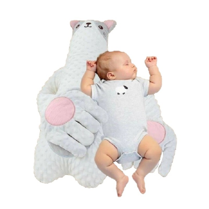 Бебешка възглавница, за спокоен сън, против колики, за развитие на независимостта, за дома и пътувания, 3 месеца-2 години, Funny Party Team®, Сива котка