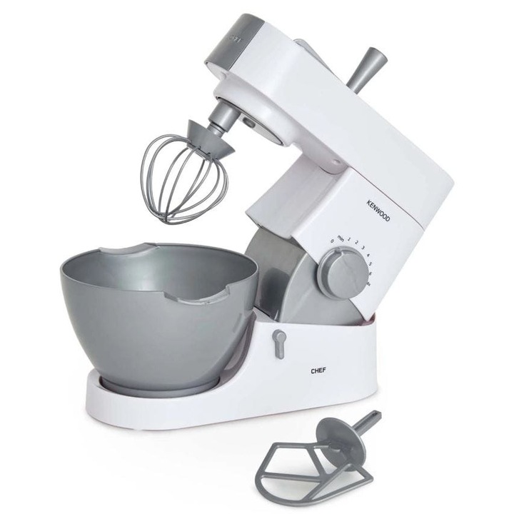 Mixer Robot Kenwood Casdon, alb cu elemente argintii, set cu accesorii, 26,5x16x20cm
