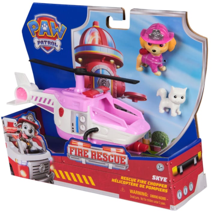 Elicopter de jucarie Paw Patrol Fire Rescue Skye, rosu-alb, set cu figurina, 21,5x19x10cm