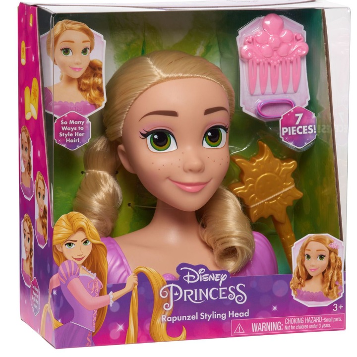 Cap de stilizare Disney Princess Roszpunka, set cu perie si elastice, 20cm, multicolor