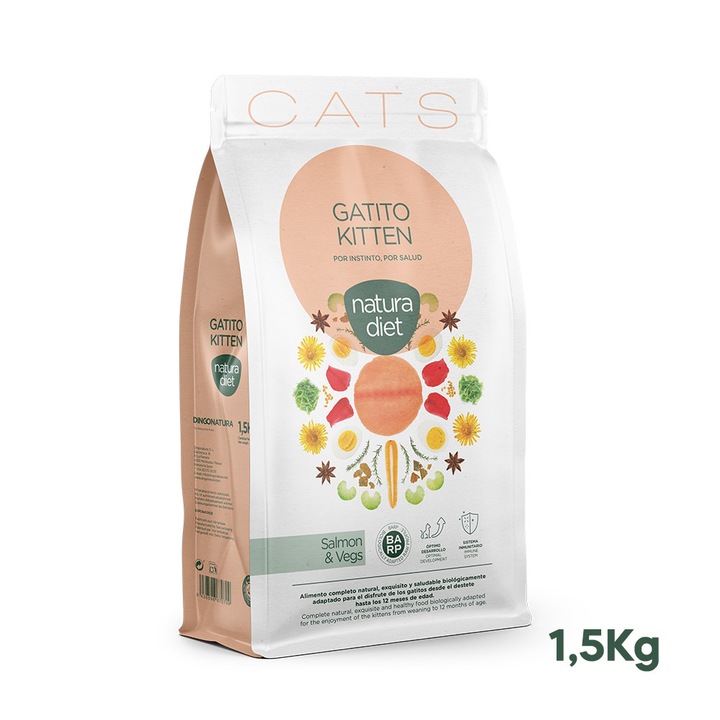 Hrana Pisici Natura Diet Kitten Salmon & Vegs, Somon si Legume 1,5kg, Pentru Pisoi si Pisici Gestante sau Lactante