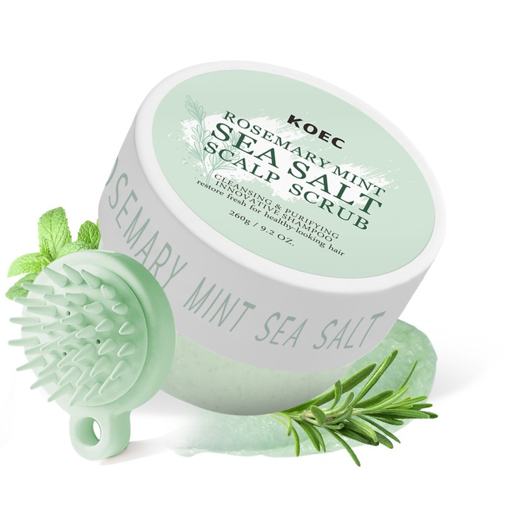 KOEC Tengeri Sós, Rozmaringos és Menta Hajfejbőrradír – 2 az 1-ben Hámlasztó Hajfejbőrradír Édesmandula Olajjal és Centellával, Szilikon Masszázskefével, 260g