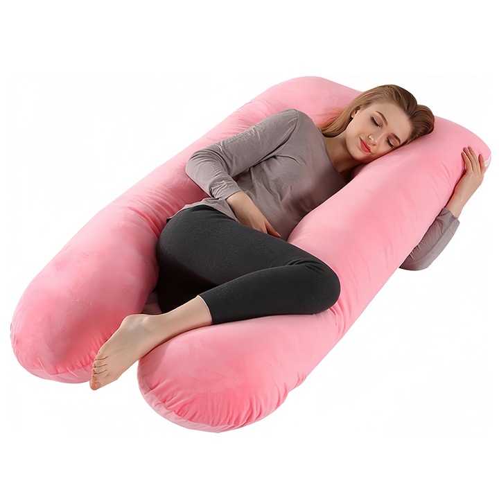 Perna gravide Wacorresi, multifunctionala 3 in 1, Forma de U, cu husa catifea detasabila, 100% bumbac, Lavabila, Suport Burta, Picioare, Cap, Gat, Spate, 125x70cm, Roz