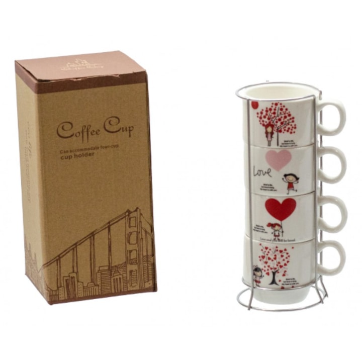 Set 4 cesti cafea, ceramica, cu suport din Inox, 200 ml