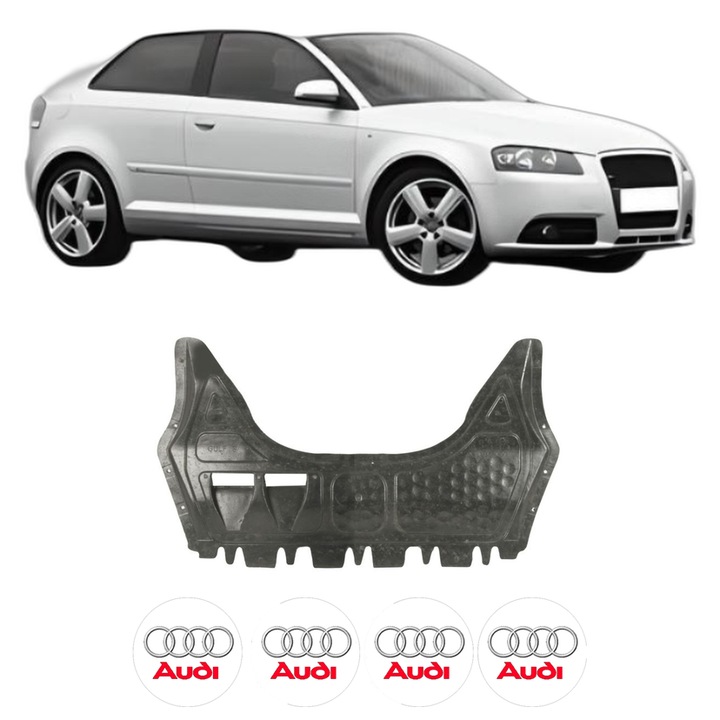Scut motor AUDI A3 (8P1) din 2003-2012, protectie auto, plastic, 4x Stickere auto cu AUDI