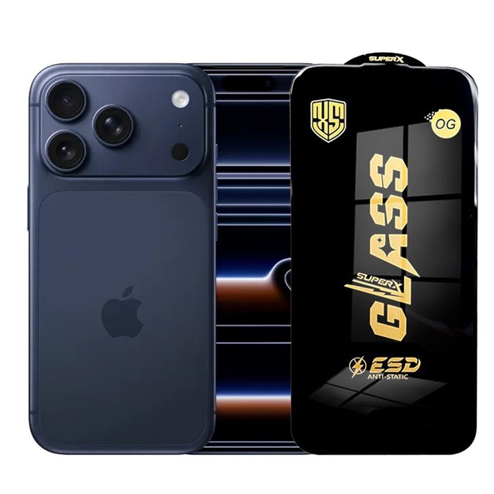 Folie de Protectie pentru iPhone 17 Pro, Cyrax, Sticla Securizata ESD, Margini Negre, Rezistenta la Zgirieturi, Antistatica, 0.35 mm, Transparenta